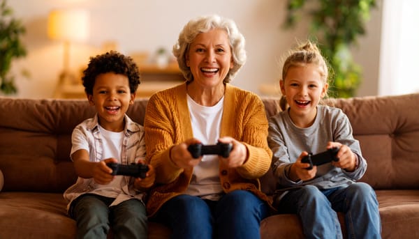 A cheerful woman with silver hair sitting on a comfortable sofa with two young children, all holding game controllers and laughing together while gaming in a bright, cozy living room setting.