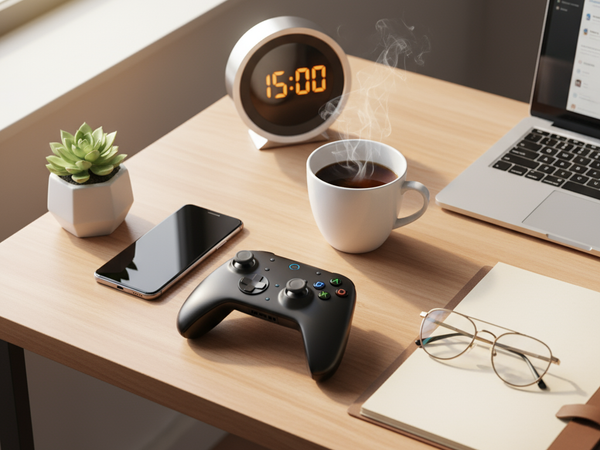 Gaming controller with timer showing 15 minutes on professional desk setup for silver gamers