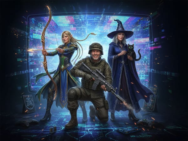 Three video game characters emerging from TV screen: elf archer, mature soldier, and older wizard, showing diverse gaming genres available to players over 50
