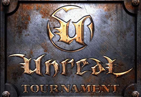 The original Unreal Tournament startup screen showing a rusty metal plate with the letters in gold.